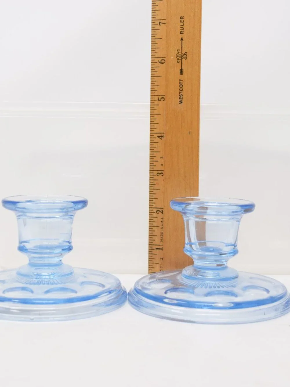 2 Imperial Ice Blue Old English Candlestick Holders Glass Thumbprint Olive Dots